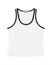 Athlesi TrackLine Retro Tank in white and black, flatlay front view with retro athletic contrast trim