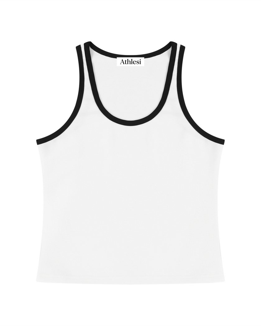 Athlesi TrackLine Retro Tank in white and black, flatlay front view with retro athletic contrast trim