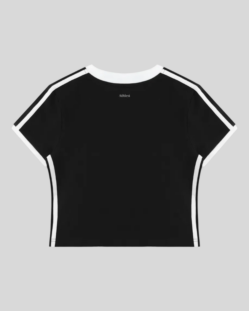 Back view of the Athlesi TrackLine Retro V-Neck Tee in black shown in flatlay product view