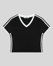 Athlesi TrackLine Retro V-Neck Tee in black with sporty contrast binding shown in flatlay front view