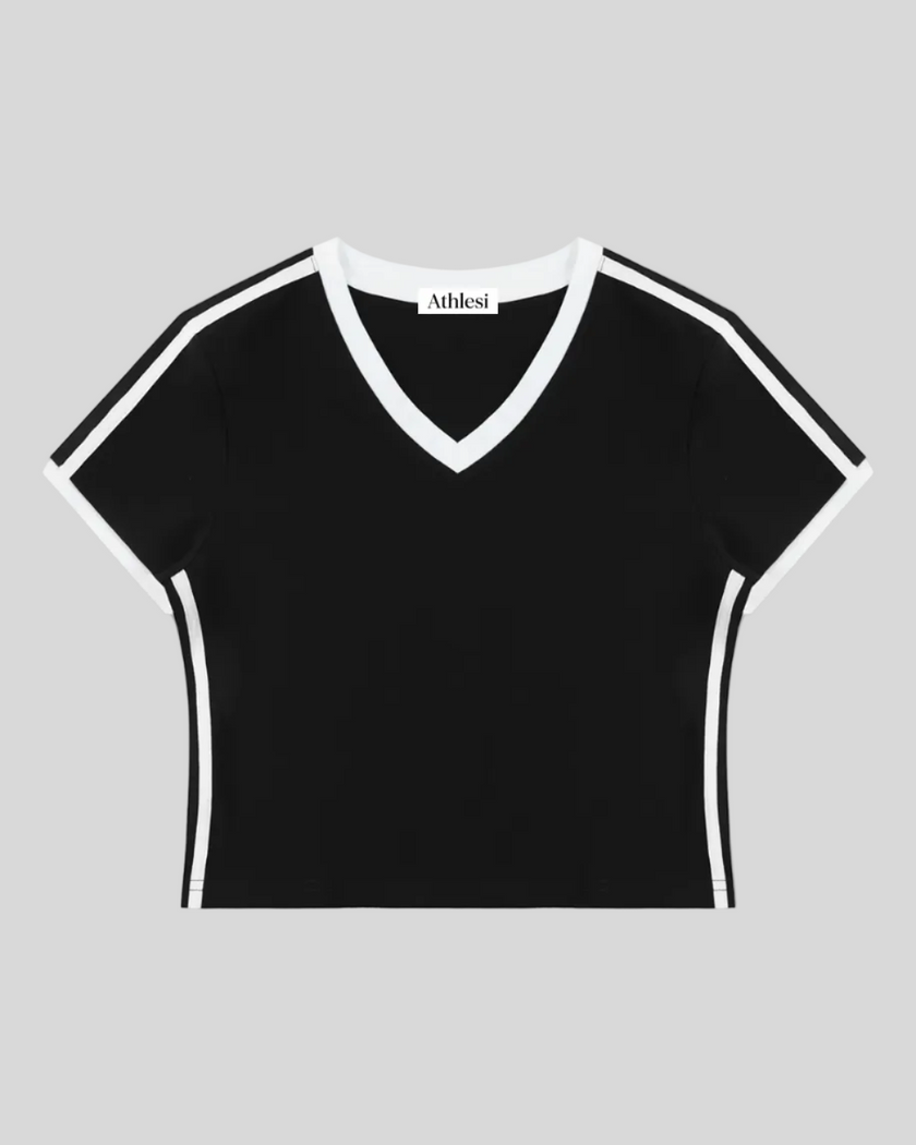 Athlesi TrackLine Retro V-Neck Tee in black with sporty contrast binding shown in flatlay front view
