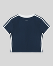 Back view of the Athlesi TrackLine Retro V-Neck Tee in blue shown in flatlay product view