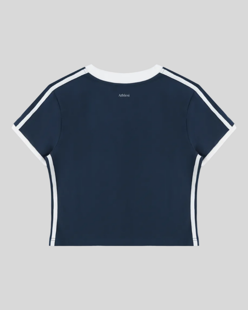 Back view of the Athlesi TrackLine Retro V-Neck Tee in blue shown in flatlay product view