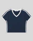 Athlesi TrackLine Retro V-Neck Tee in blue with sporty contrast binding shown in flatlay front view