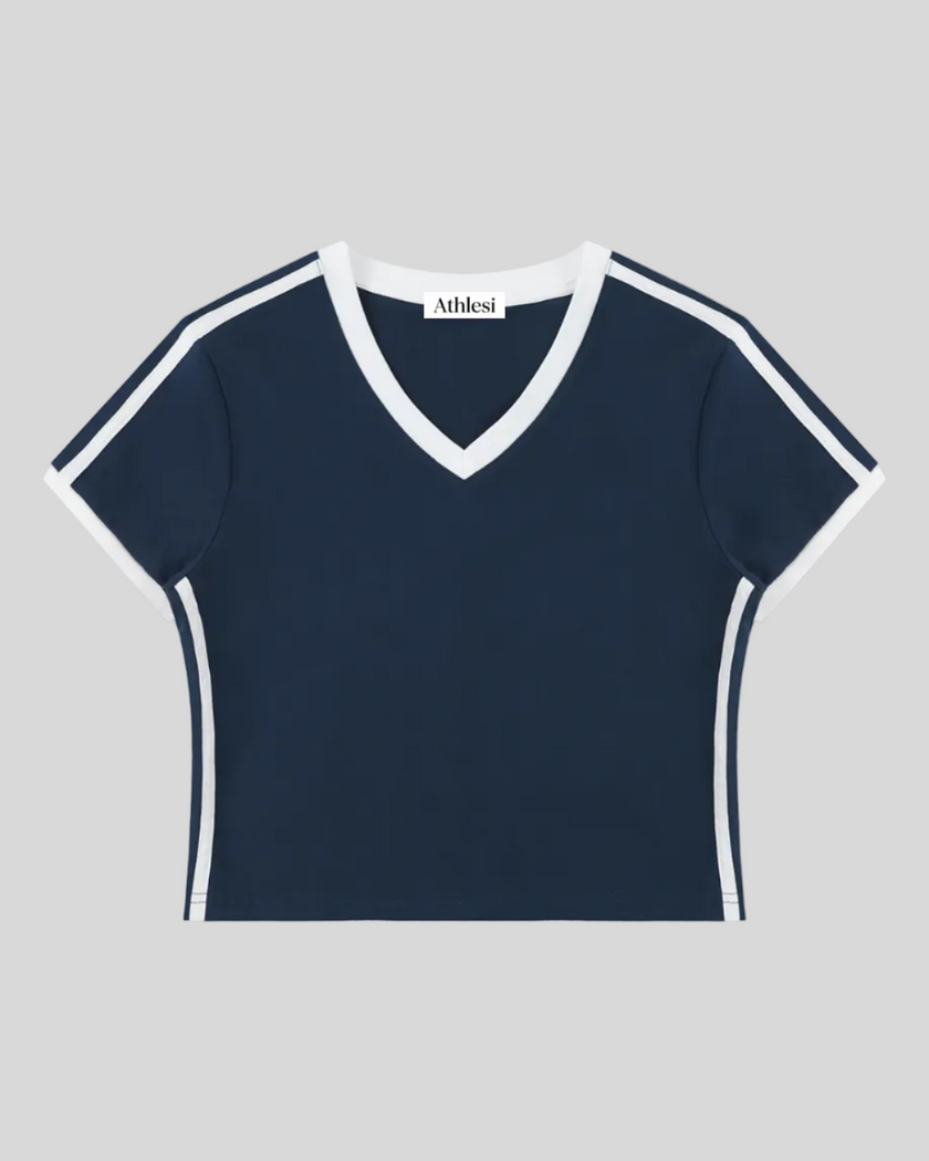 Athlesi TrackLine Retro V-Neck Tee in blue with sporty contrast binding shown in flatlay front view