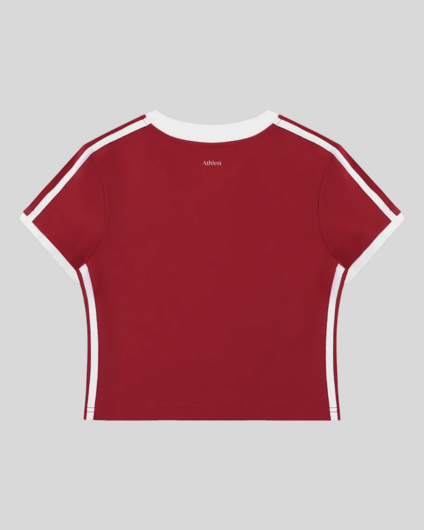 Back view of the Athlesi TrackLine Retro V-Neck Tee in red shown in flatlay product view