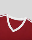 Front V-neck collar detail closeup of the Athlesi TrackLine Retro V-Neck Tee in red