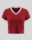 Athlesi TrackLine Retro V-Neck Tee in red with sporty contrast binding shown in 3D front view