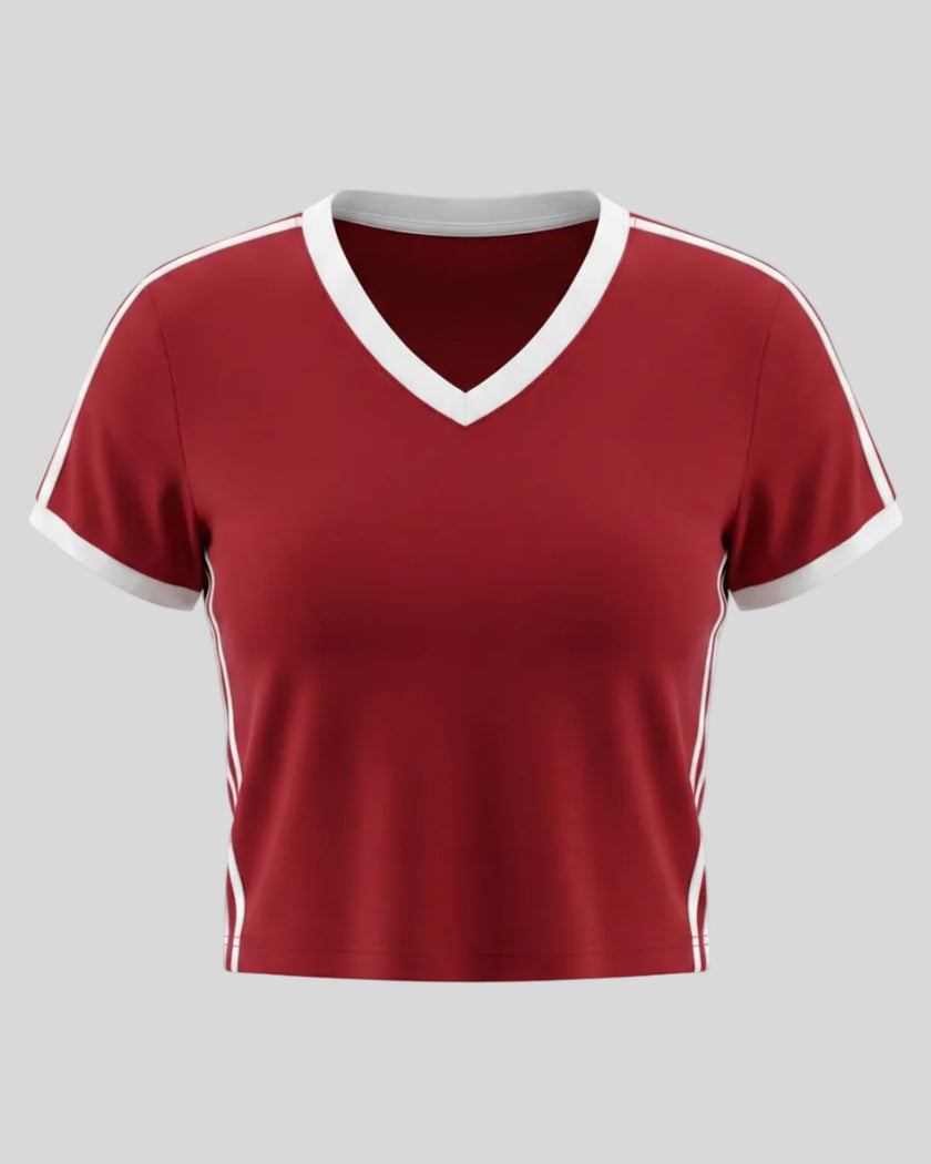 Athlesi TrackLine Retro V-Neck Tee in red with sporty contrast binding shown in 3D front view