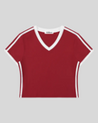 Athlesi TrackLine Retro V-Neck Tee in red with sporty contrast binding shown in flatlay front view