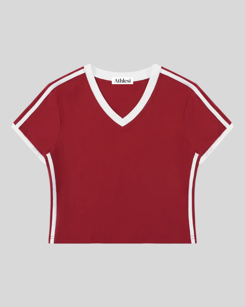 Athlesi TrackLine Retro V-Neck Tee in red with sporty contrast binding shown in flatlay front view