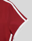 Sleeve binding detail closeup of the Athlesi TrackLine Retro V-Neck Tee in red