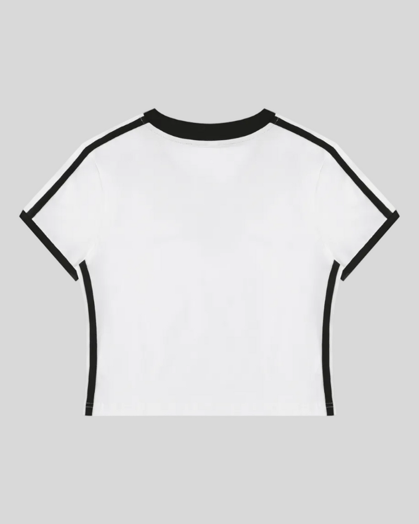 Back view of the Athlesi TrackLine Retro V-Neck Tee in white shown in flatlay product view