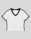 Athlesi TrackLine Retro V-Neck Tee in white with sporty contrast binding shown in flatlay front view