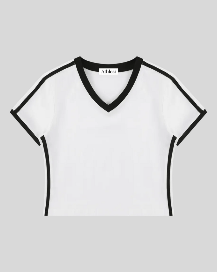 Athlesi TrackLine Retro V-Neck Tee in white with sporty contrast binding shown in flatlay front view