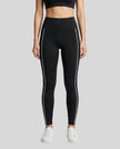 Front view of a model wearing Trackline Riviera Leggings leg hem closeup in Black