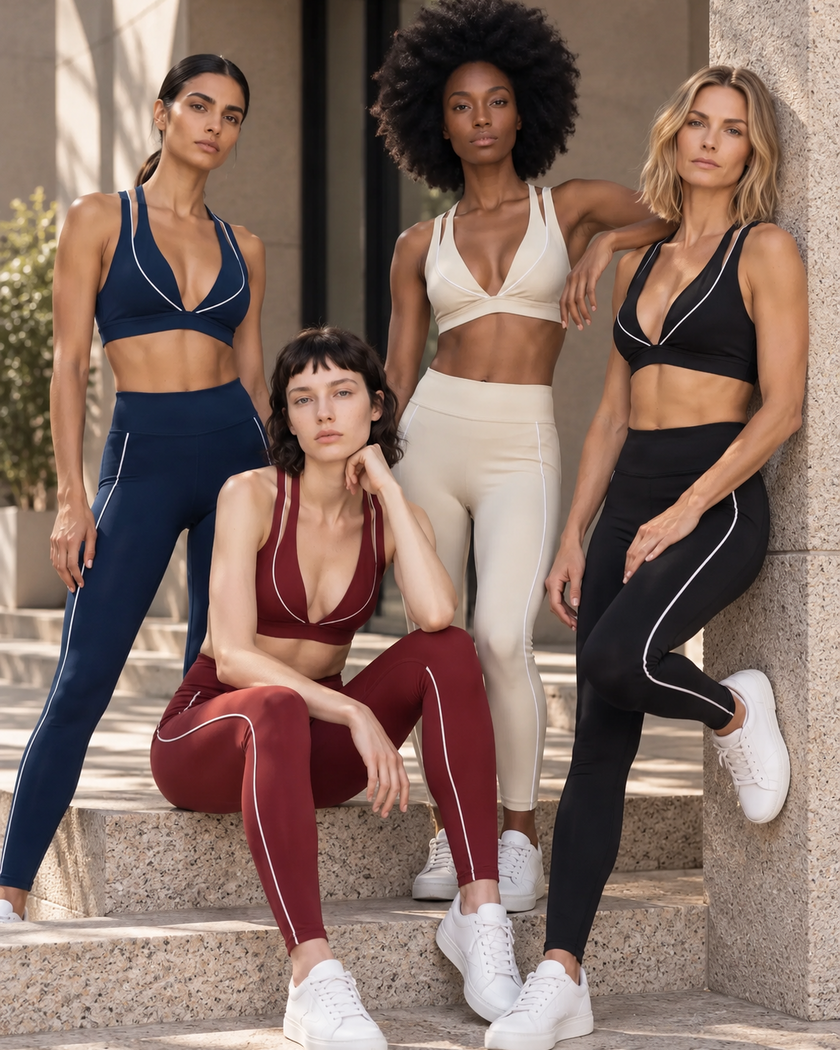 Four women wearing the Trackline Riviera Sports Bra and Leggings in Navy Blue, Light Apricot, Black & Wine Red