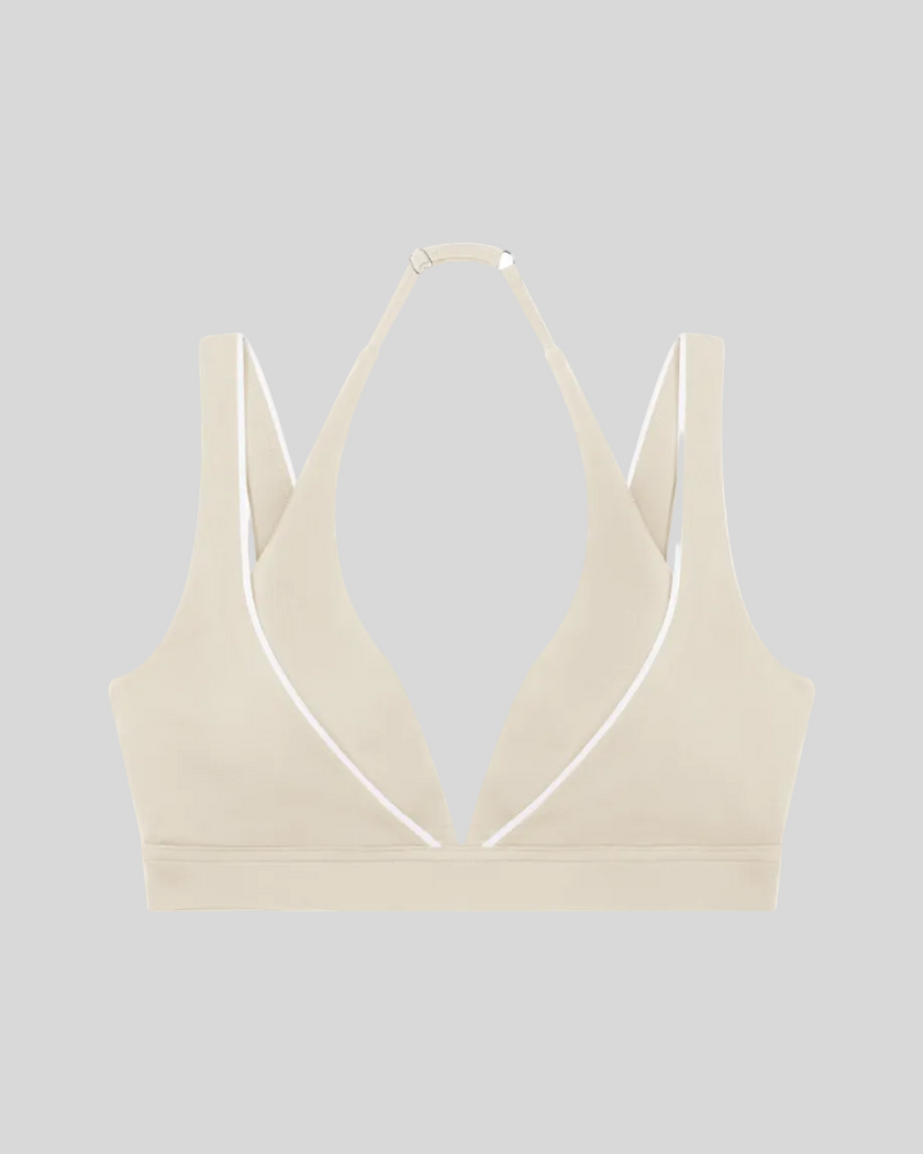 Front view of Trackline Riviera Sports Bra in Light Apricot