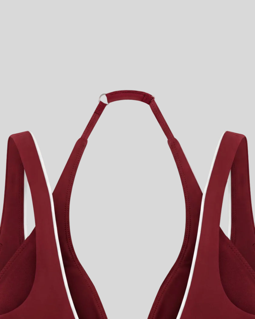 Back halter construction detail of the TrackLine Riviera Sports Bra