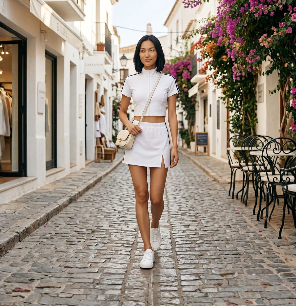 Woman wearing the Athlesi TrackLine Zip Tee and Slit Skirt while exploring a Mediterranean coastal town.