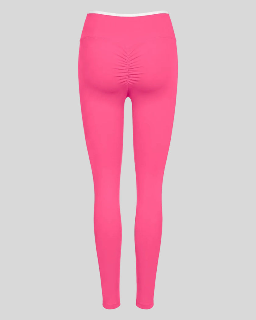3D Back view of TrackLine Sculpt Leggings in pink and white with contour shaping and ruched detail