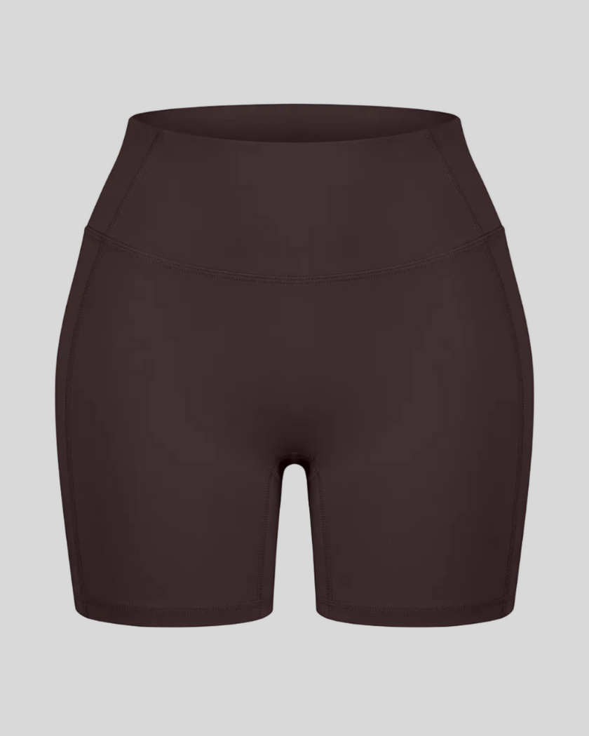 TrackLine Sculpt Shorts in brown with high-rise waistband and fitted biker-short silhouette front view