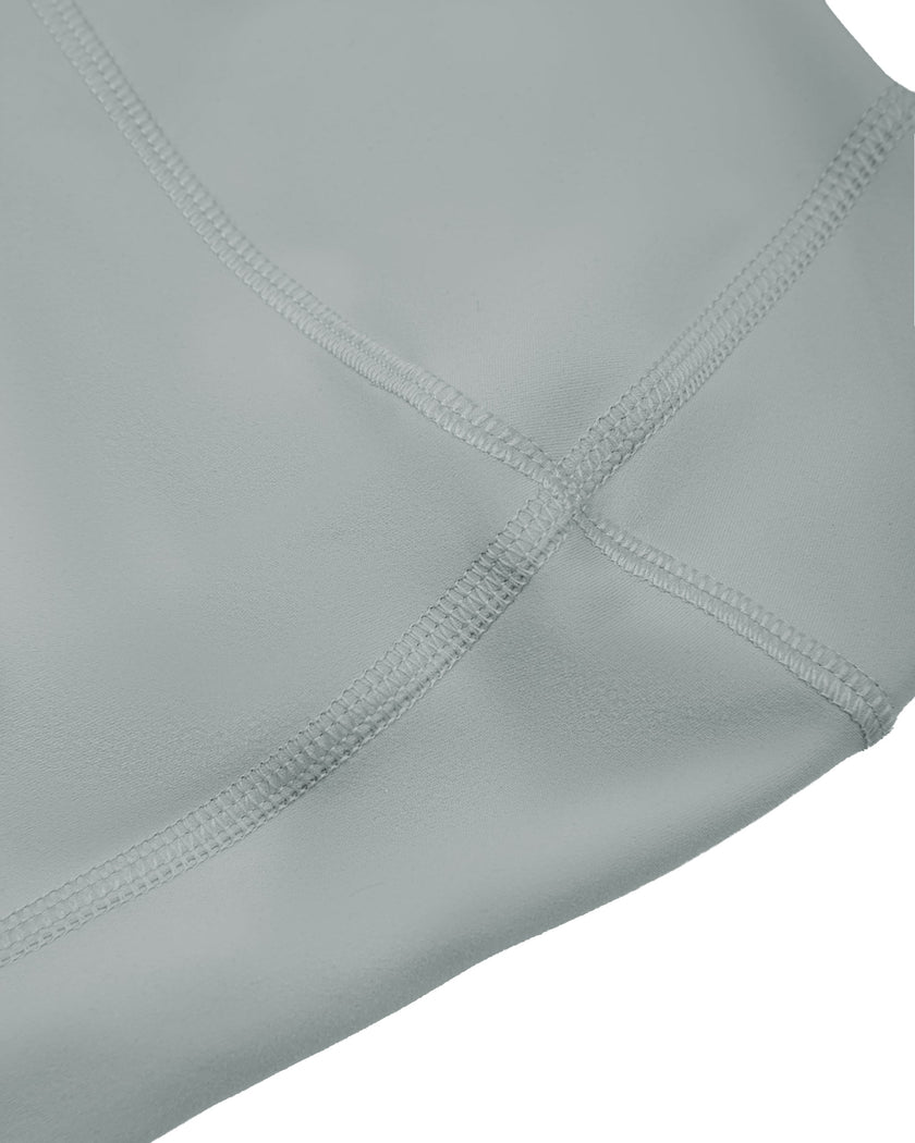 Side closeup of haze blue TrackLine Sculpt Shorts showing silhouette and seam construction