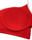 Closeup of chest padding detail inside red TrackLine Sculpt Sports Bra