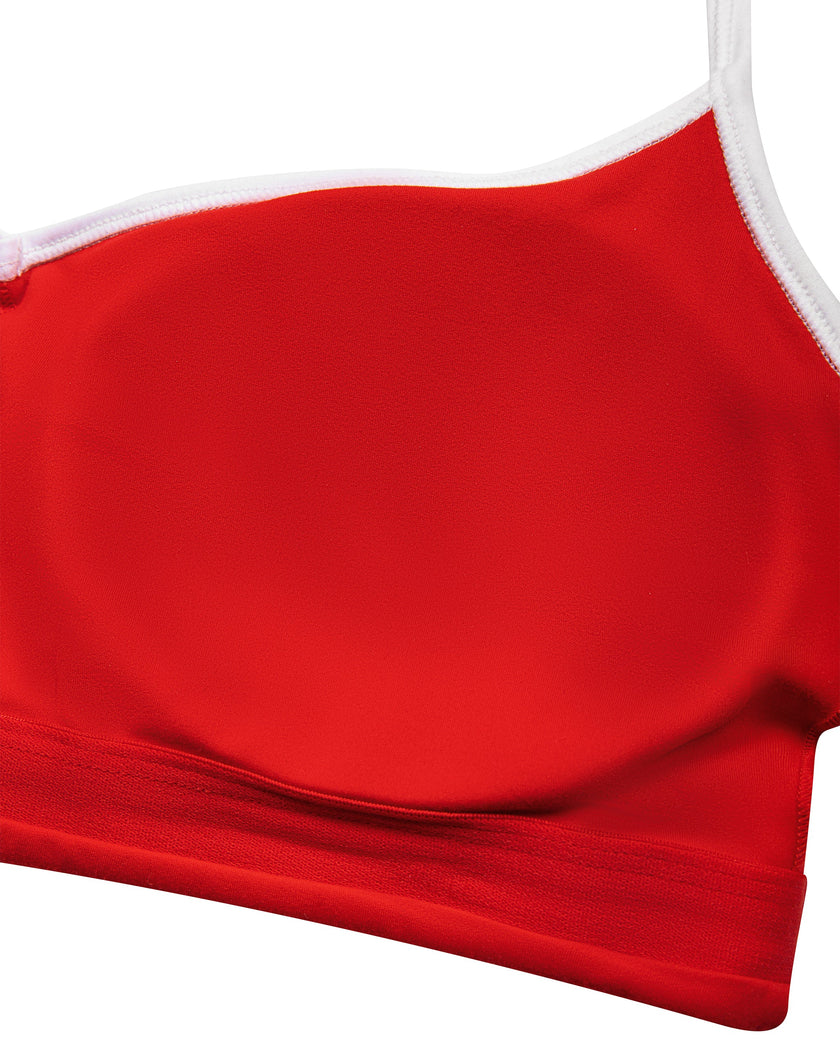 Closeup of chest padding detail inside red TrackLine Sculpt Sports Bra