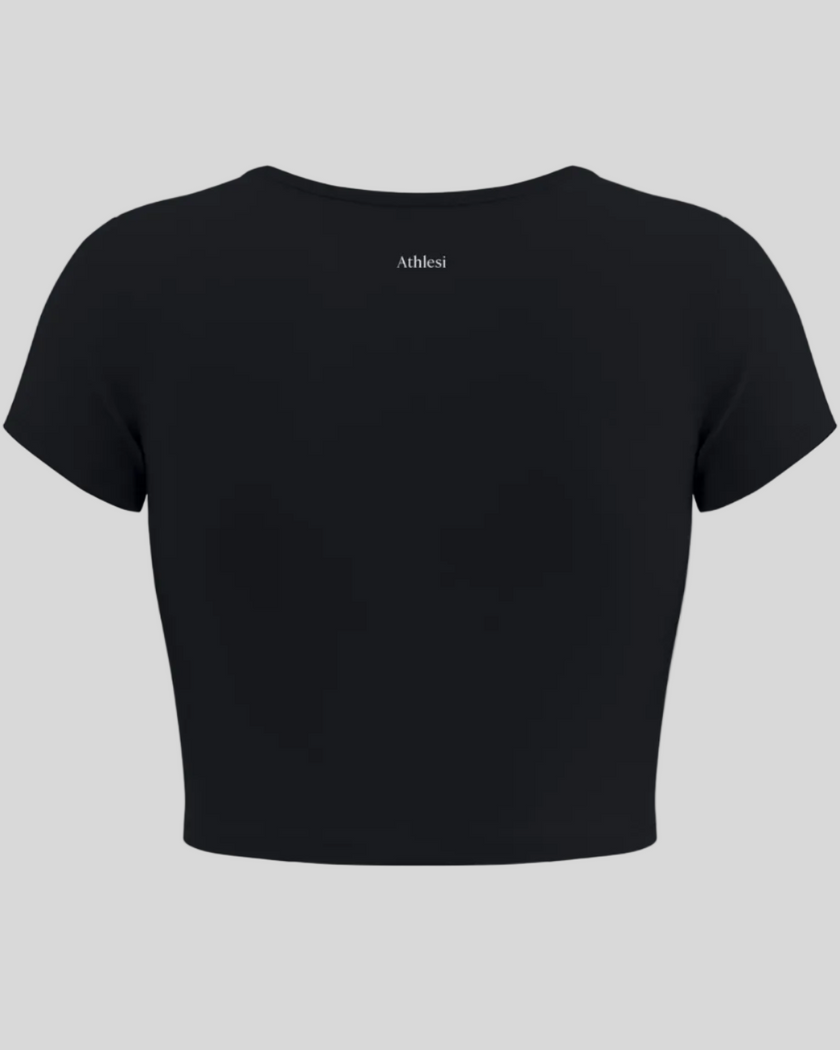 Back view of TrackLine Sculpt Tee in black with short sleeves and subtle Athlesi logo