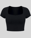 TrackLine Sculpt Tee in black with square-inspired neckline and contour stitching front view