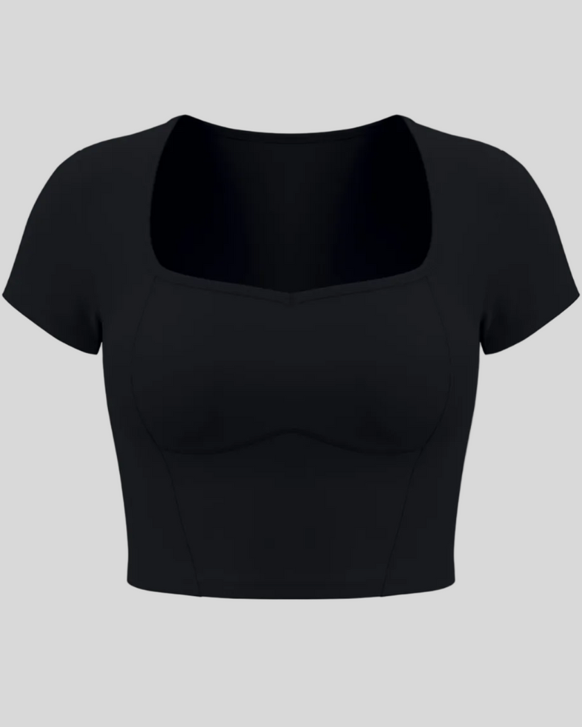 TrackLine Sculpt Tee in black with square-inspired neckline and contour stitching front view
