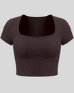 TrackLine Sculpt Tee in brown with square-inspired neckline and contour stitching front view