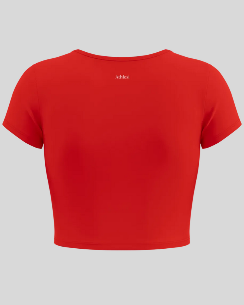 Back view of TrackLine Sculpt Tee in red with short sleeves and subtle Athlesi logo