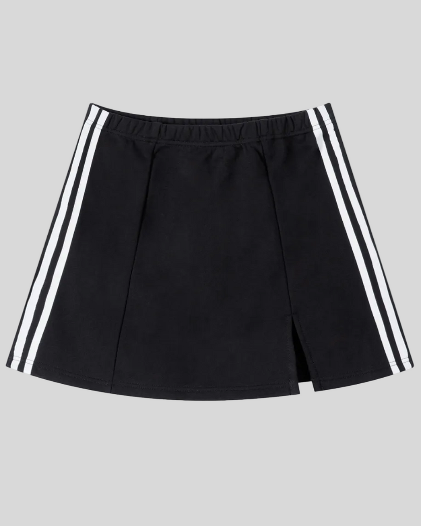 Athlesi TrackLine Slit Skirt in black with contrast stripe detailing shown in flatlay front view