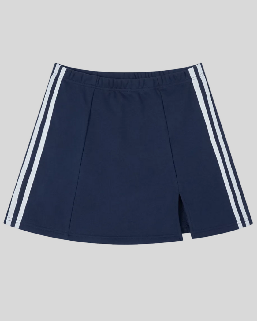 Athlesi TrackLine Slit Skirt in blue with contrast stripe detailing shown in flatlay front view