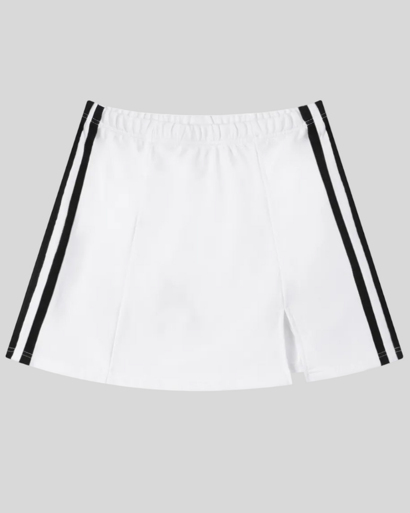 Athlesi TrackLine Slit Skirt in white with contrast stripe detailing shown in flatlay front view