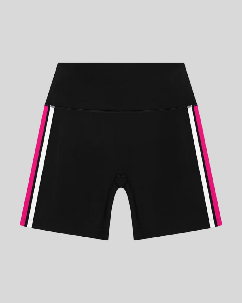 TrackLine Sprint Shorts in black with contrast side stripes front view