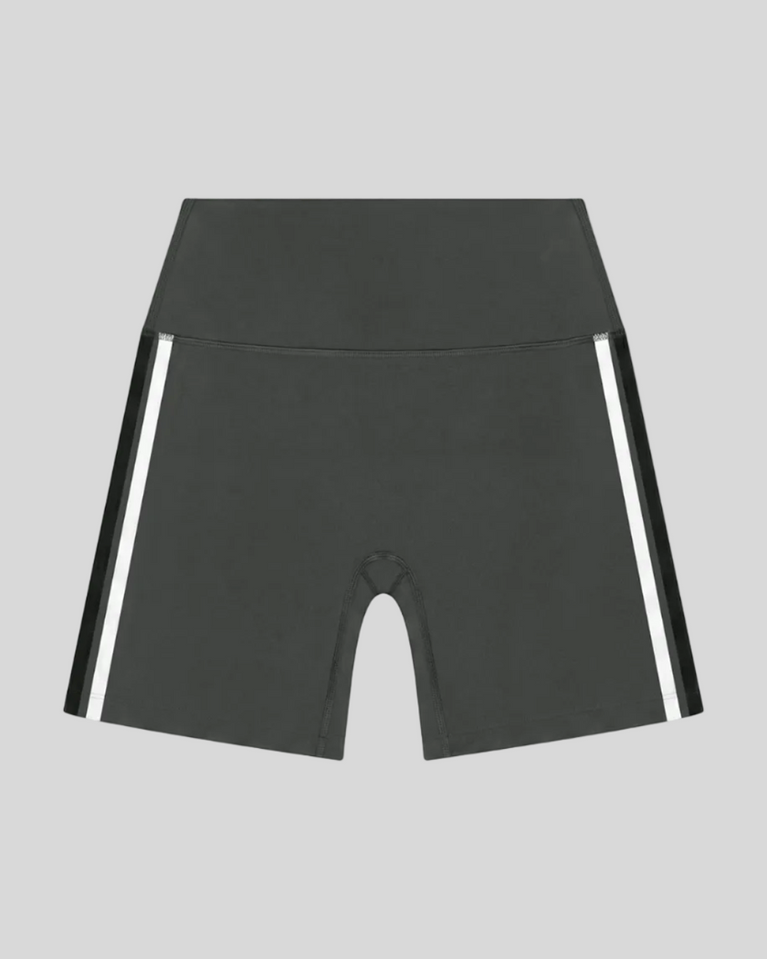 TrackLine Sprint Shorts in gray with contrast side stripes front view