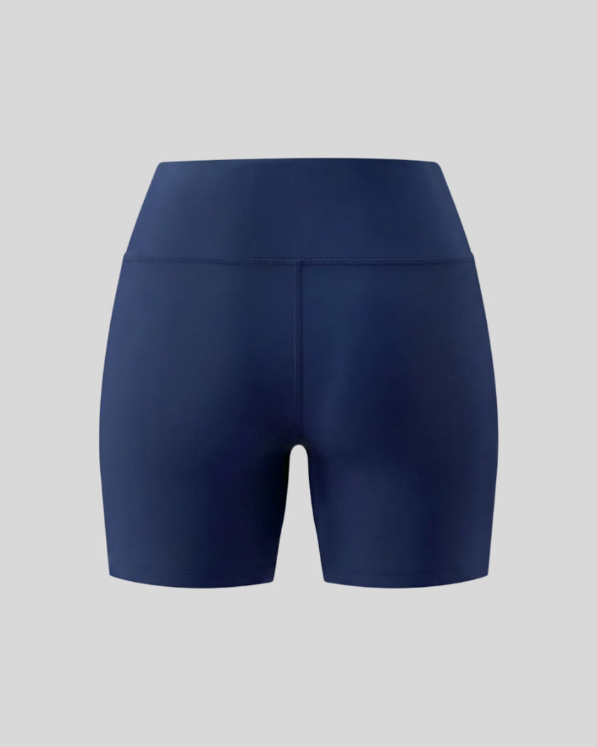 TrackLine Sprint Shorts in navy blue 3d back view with high-rise waistband