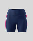 TrackLine Sprint Shorts in navy blue with contrast side stripes 3d front view