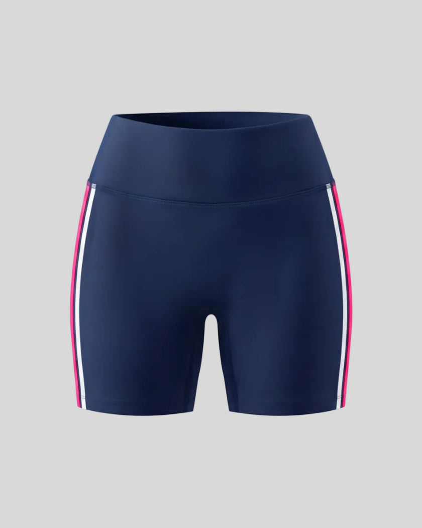 TrackLine Sprint Shorts in navy blue with contrast side stripes 3d front view