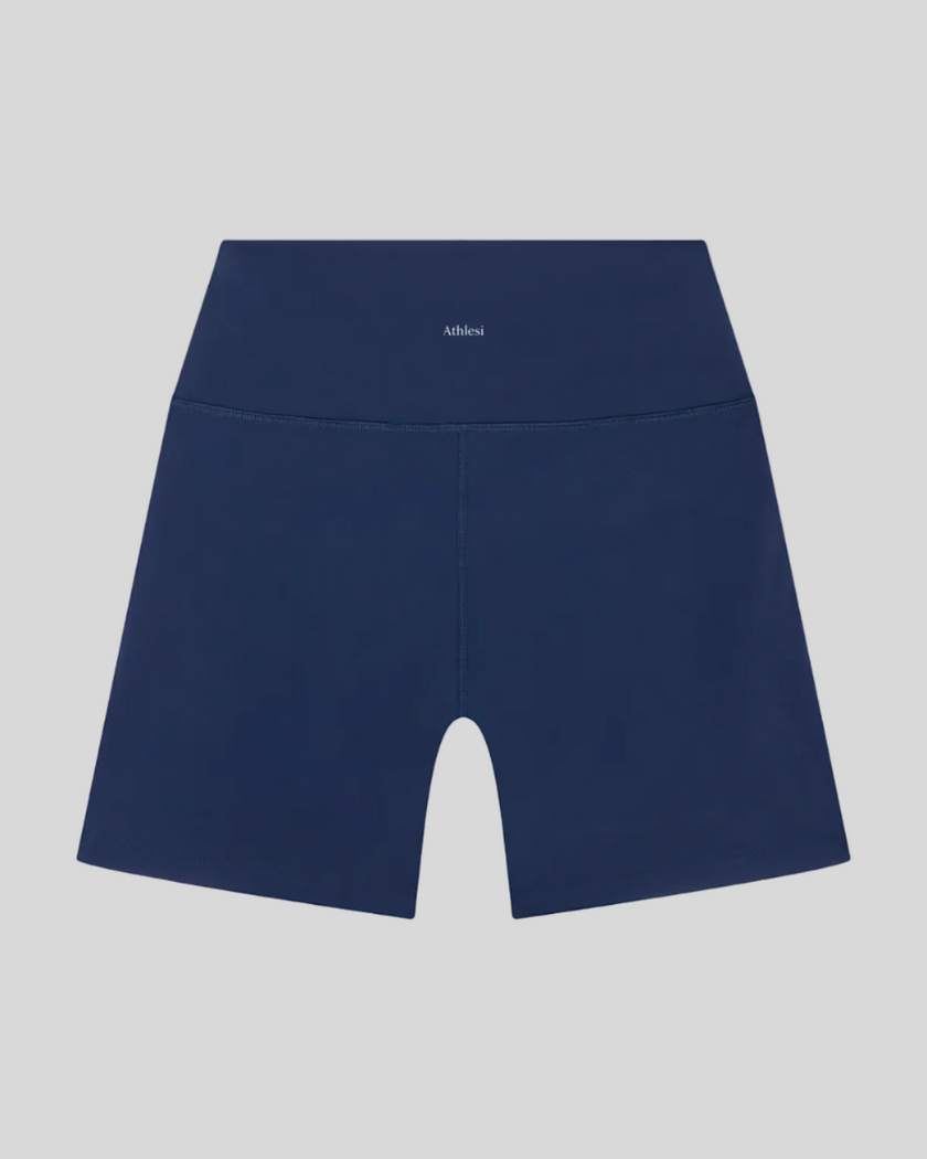 TrackLine Sprint Shorts in navy blue back view with high-rise waistband