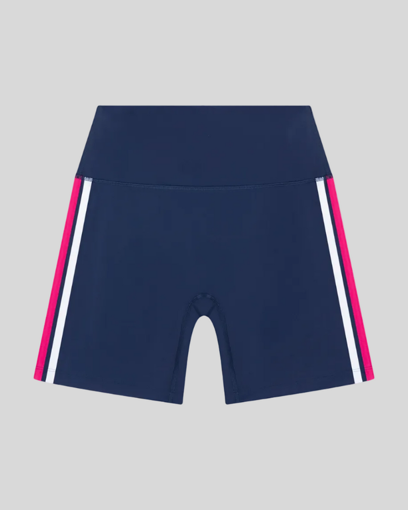 TrackLine Sprint Shorts in navy blue with contrast side stripes front view