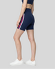 Angled back view of the TrackLine Sprint Shorts in navy blue, highlighting the supportive high-rise fit