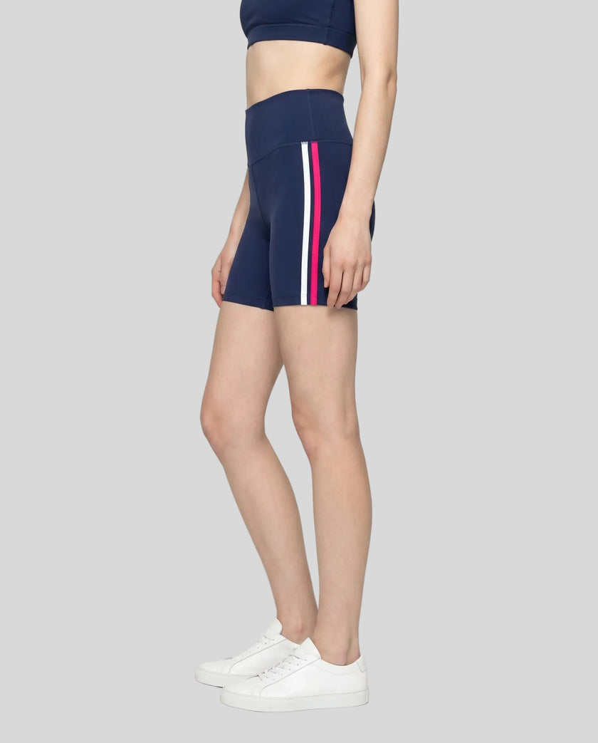 Side view of the TrackLine Sprint Shorts in navy blue, showcasing the athletic silhouette