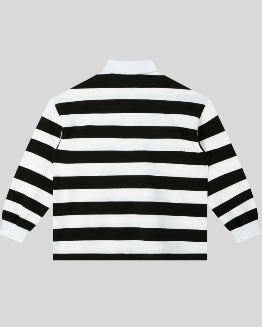 Athlesi TrackLine Striped Polo Shirt in black and white stripes, back view