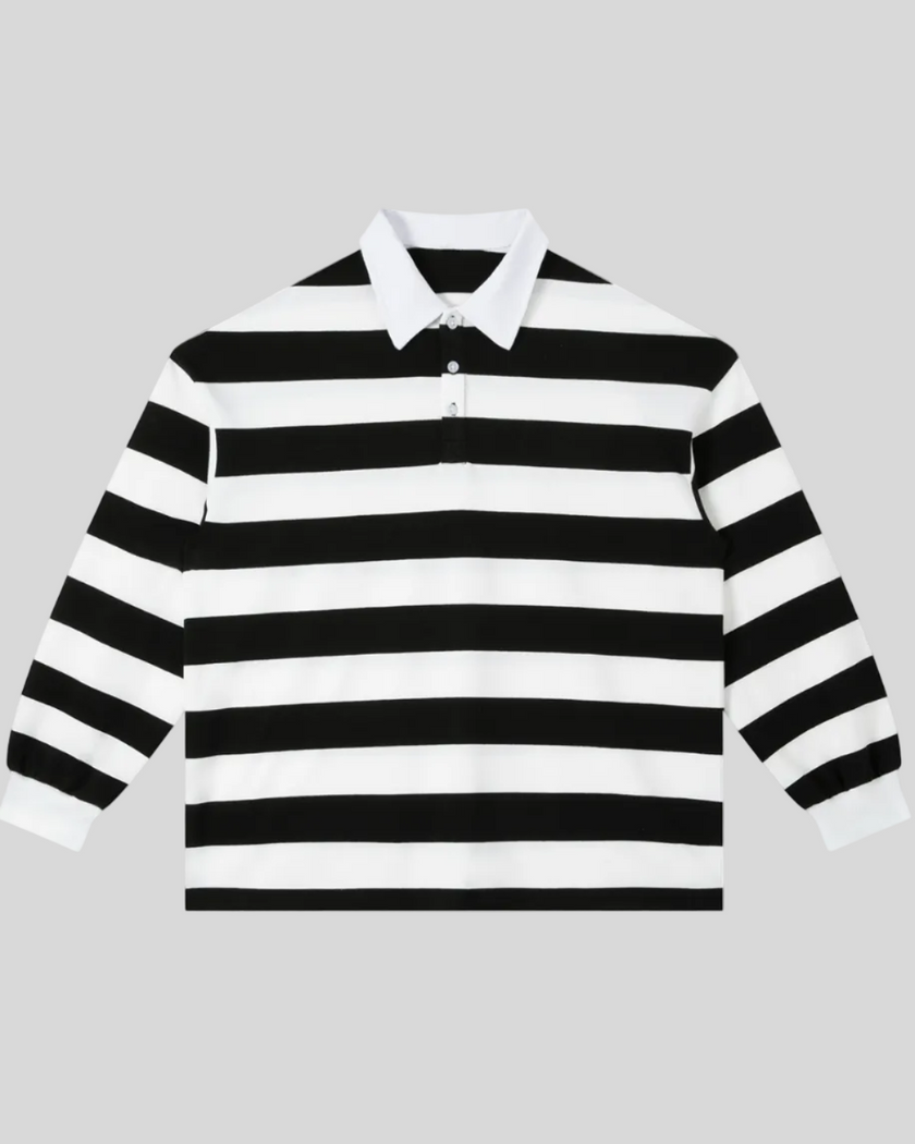 Athlesi TrackLine Striped Polo Shirt in black and white stripes, front view