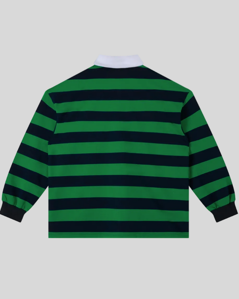 Athlesi TrackLine Striped Polo Shirt in green and navy-blue stripes, back view