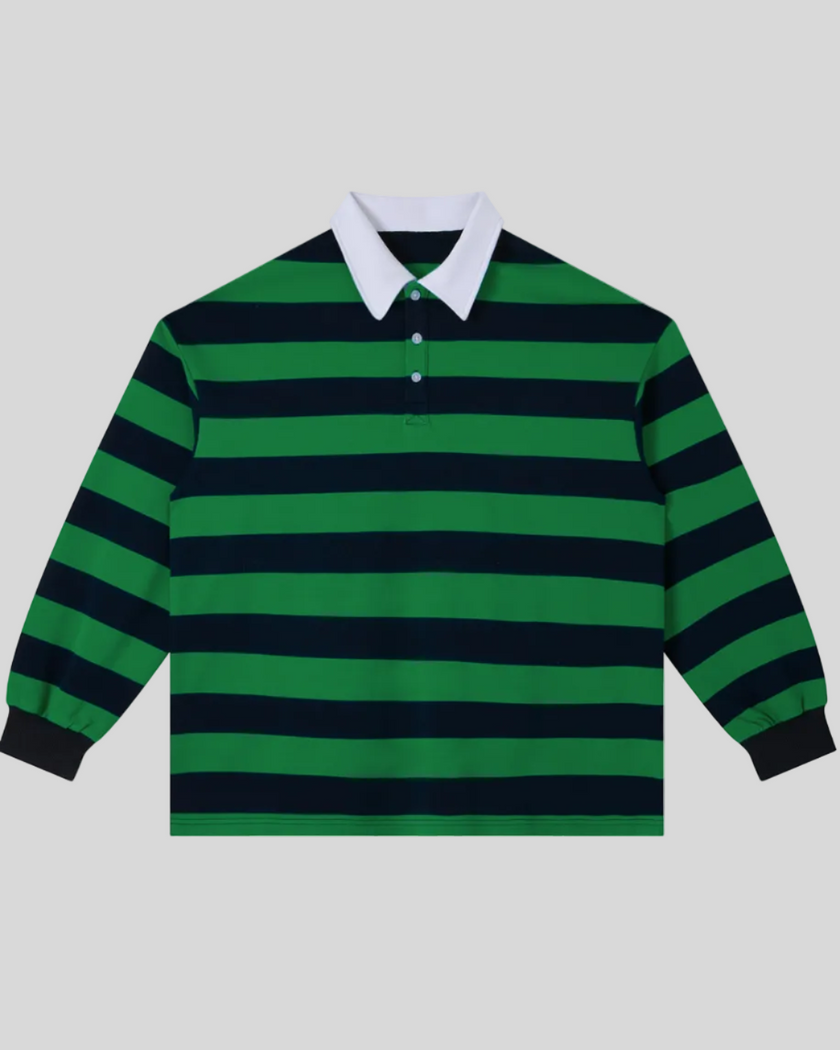 Athlesi TrackLine Striped Polo Shirt in green and navy-blue stripes, front view